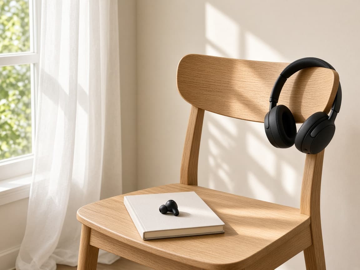 Auriculares de diadema en una silla de madera, con luz de día