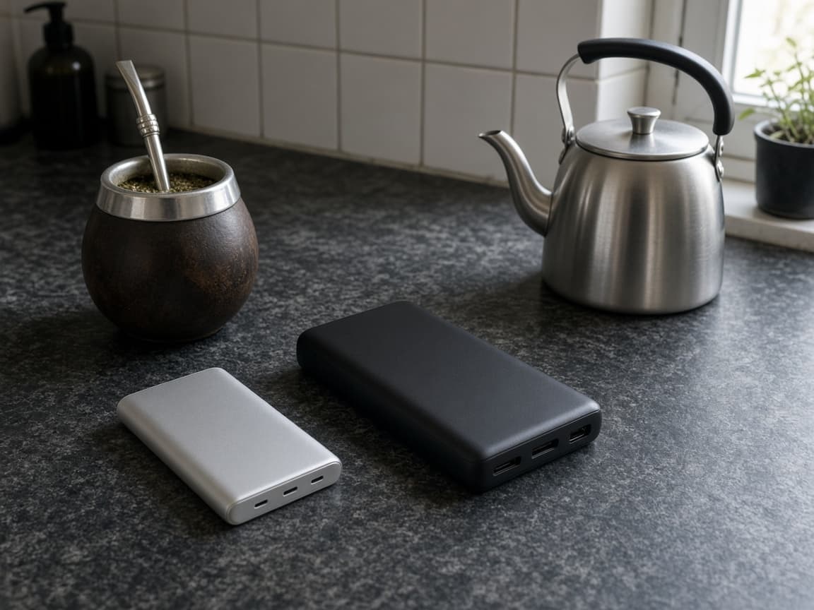 Una power bank chica y otra más grande en la mesada de la cocina