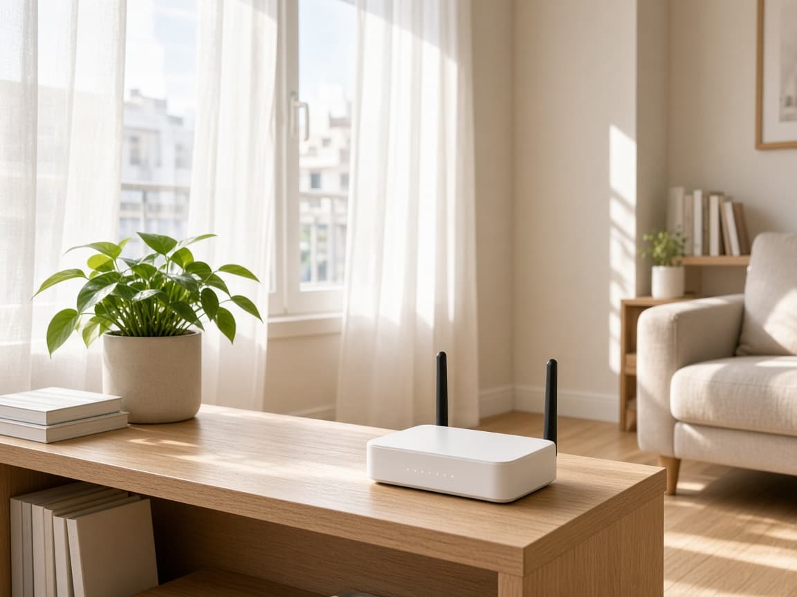 Router sobre una mesa de madera, al lado de una ventana con sol